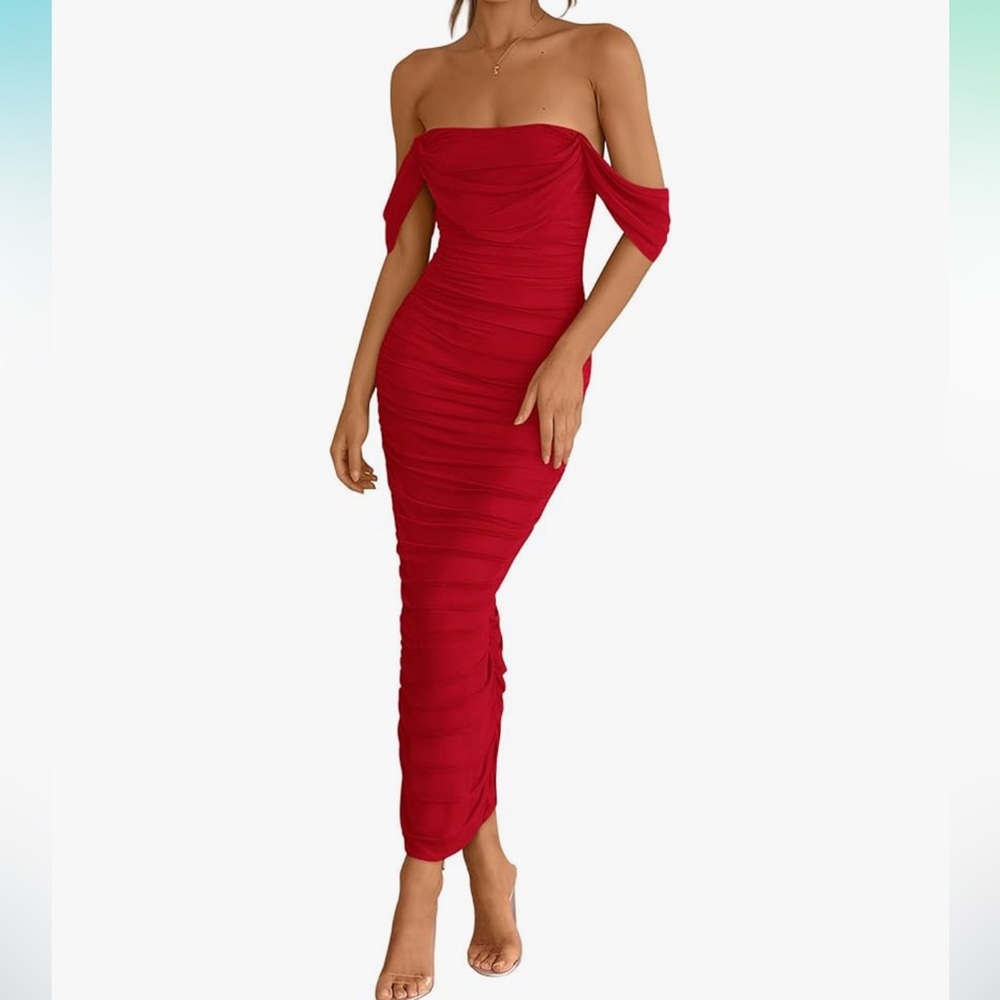 Red Off The Shoulder Ruched Bodycon Sleeveless Split Cocktail Maxi Size L(12/14)